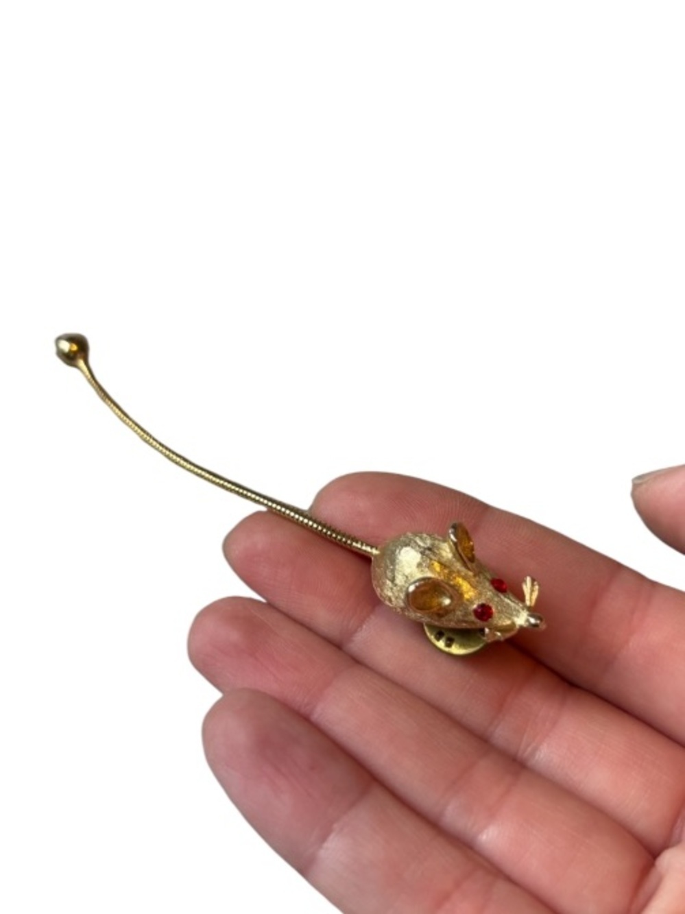Gold-tone Mouse Brooch Pin Red Eyes Vintage Metal Flexible Tail